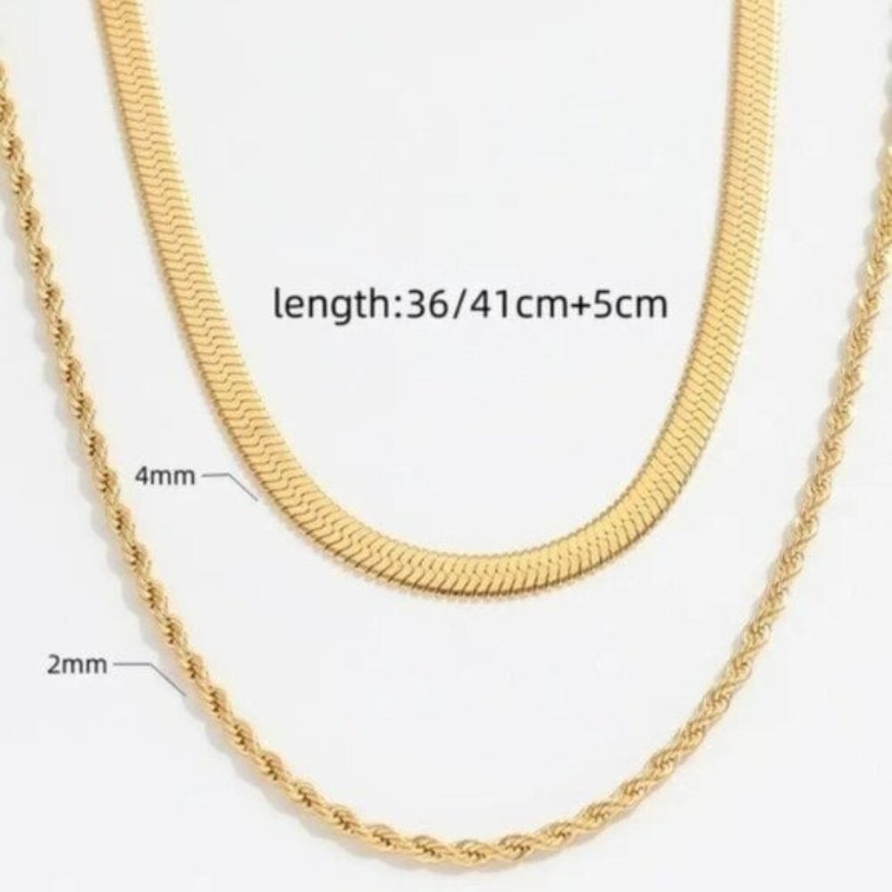 Necklace Layered Gold Herringbone & Gold Rope Chain Necklace WATERPROOF Necklace - Picture 12 of 13